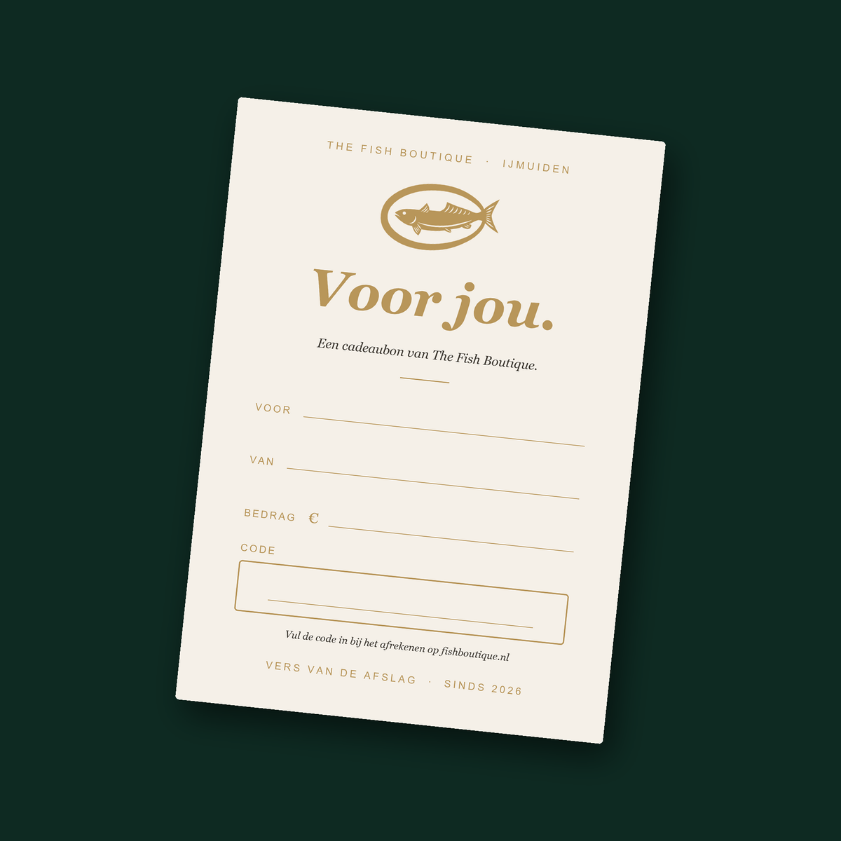 Cadeaubon van The Fish Boutique: crème cadeaukaart Voor jou, dagverse vis van de afslag IJmuiden